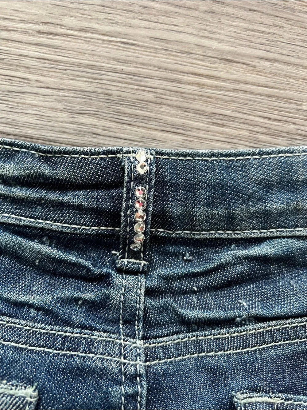 A7 Swarovski Crystal Distressed Jeans Size 1 | Rhinestone Hem | Low Rise